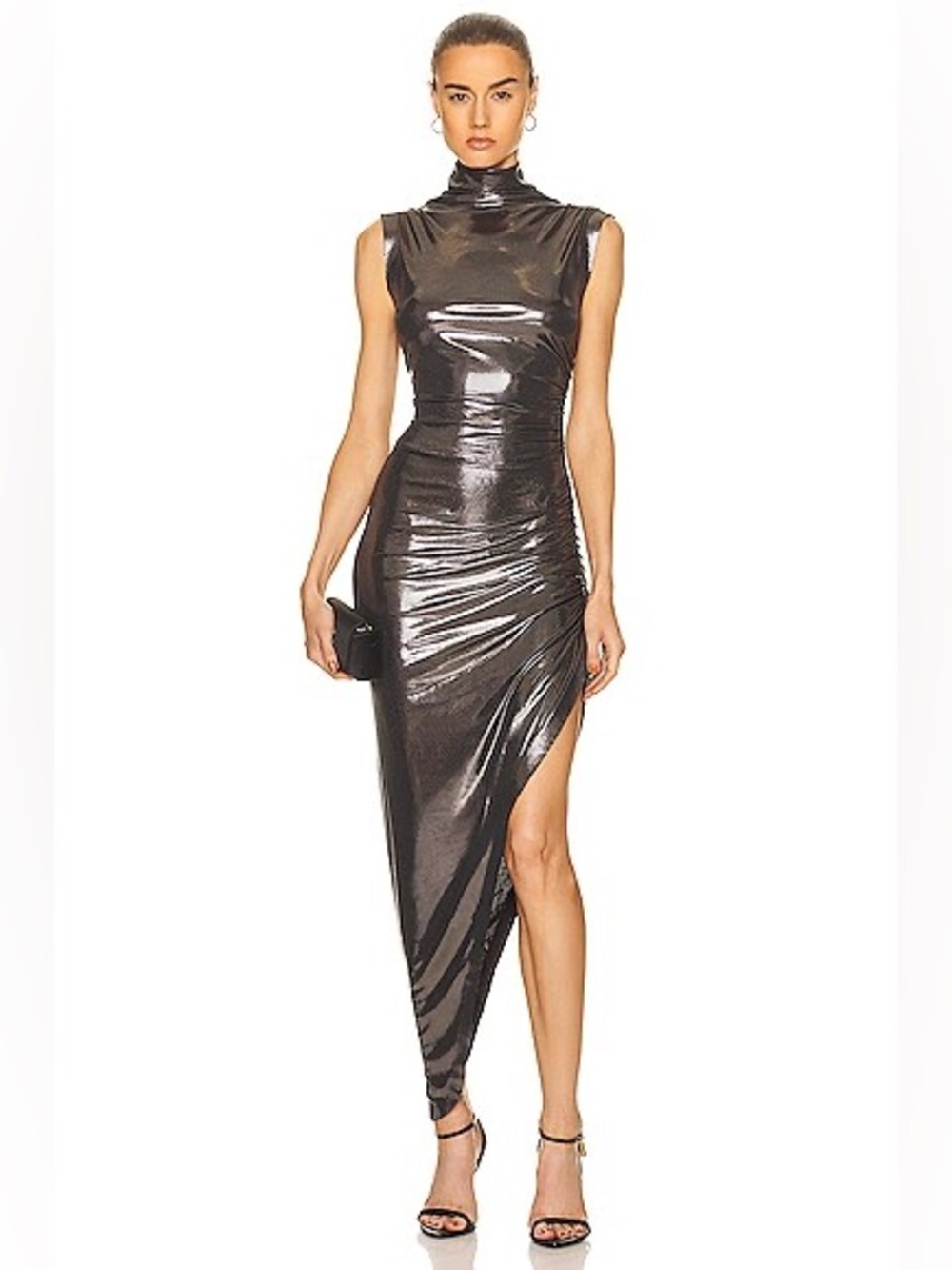 Norma Kamali Sleeveless Turtleneck Side Drape Gown - Gunmetal